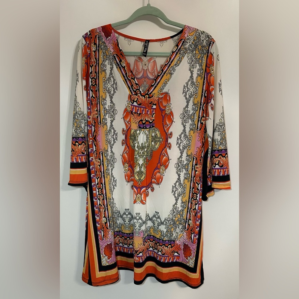 White Mark Orange and Black Patterned Tunic